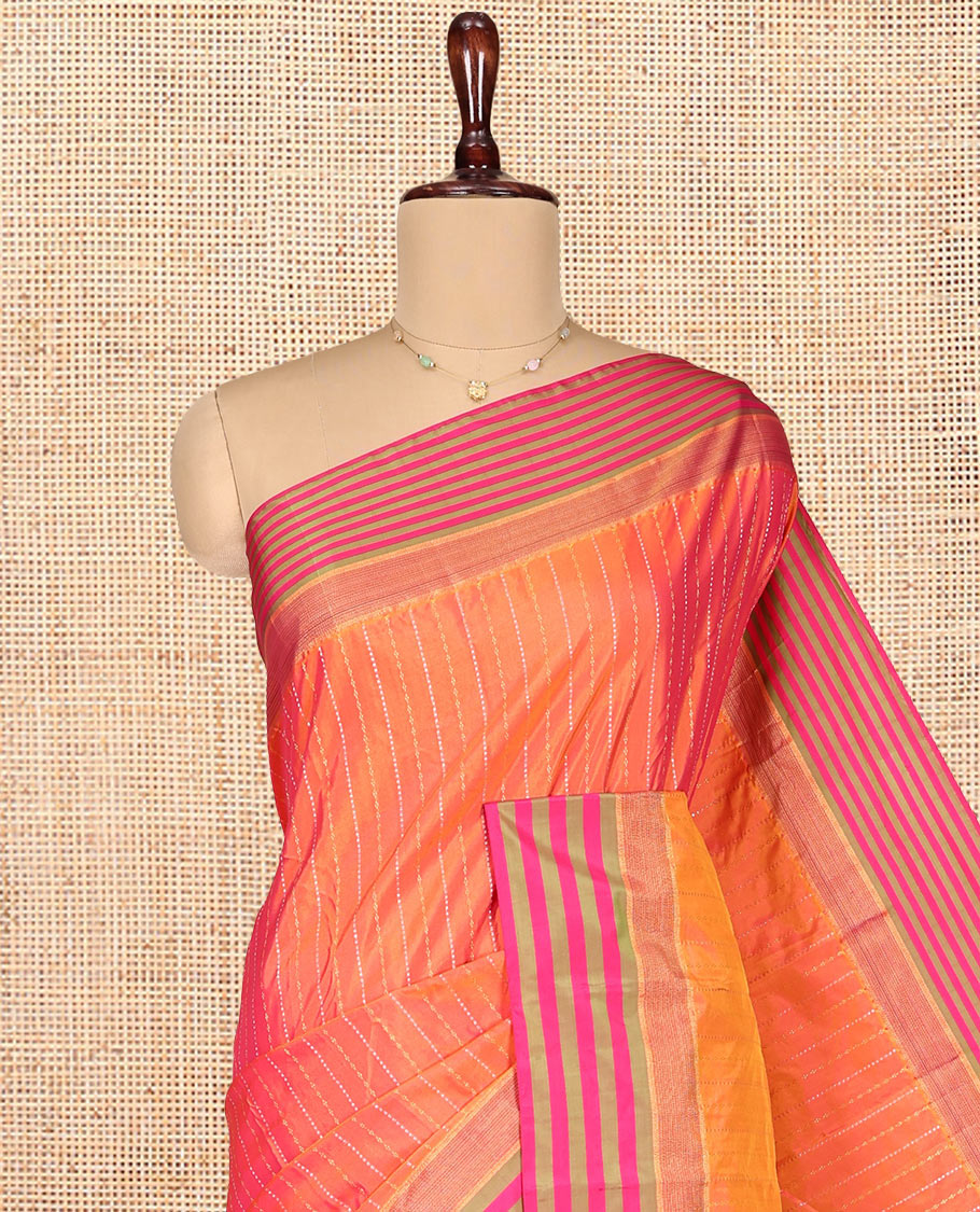 Orange Aarani Gift Saree, Prettified with Zari Stripes on Its Body, Complemented by a Contrast Striped Border, Captivating Contrast Striped Pallu, and Paired with a Contrast  Blouse