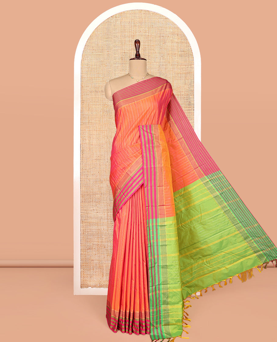 Orange Aarani Gift Saree, Prettified with Zari Stripes on Its Body, Complemented by a Contrast Striped Border, Captivating Contrast Striped Pallu, and Paired with a Contrast  Blouse