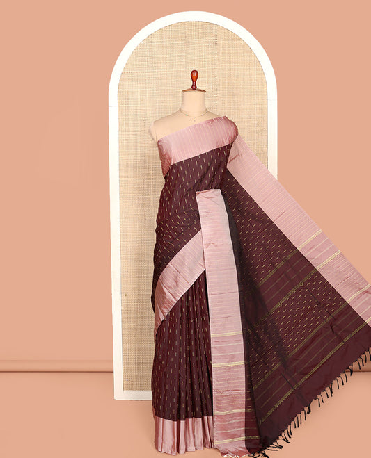 Brown Aarani Silk Saree, Featuring Zari Buttas All Over Its Body, Complemented by a Contrast Zari Striped Border, Pallu of Buttas, and Paired with a Matching Blouse