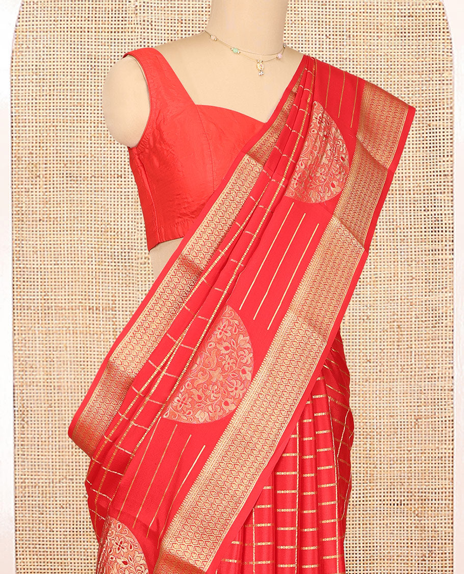 Red Mysore Silk Saree, Detailed with Zari Buttas and Stripes, Highlighted by a Traditional Zari Border, Grand Pallu, and a Matching Blouse