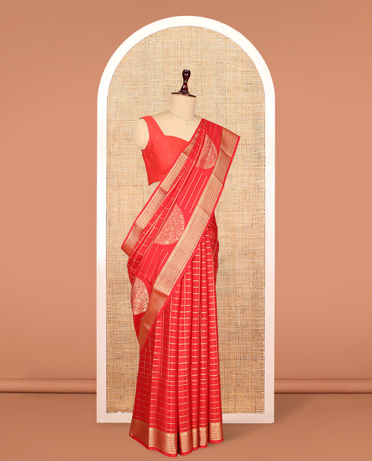 Red Mysore Silk Saree, Detailed with Zari Buttas and Stripes, Highlighted by a Traditional Zari Border, Grand Pallu, and a Matching Blouse
