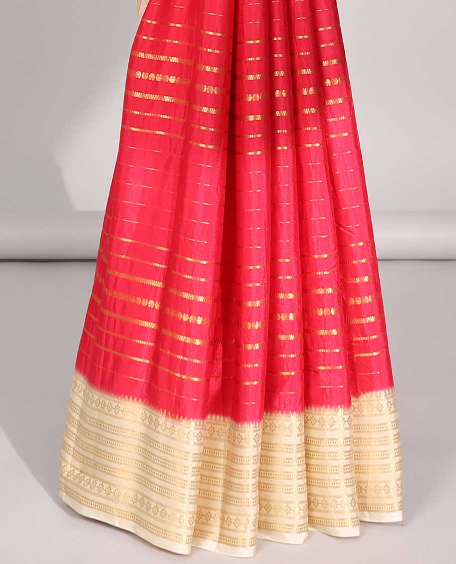 Red striped design art mysore silk saree with striped zari border & Rajasthan theme design pallu