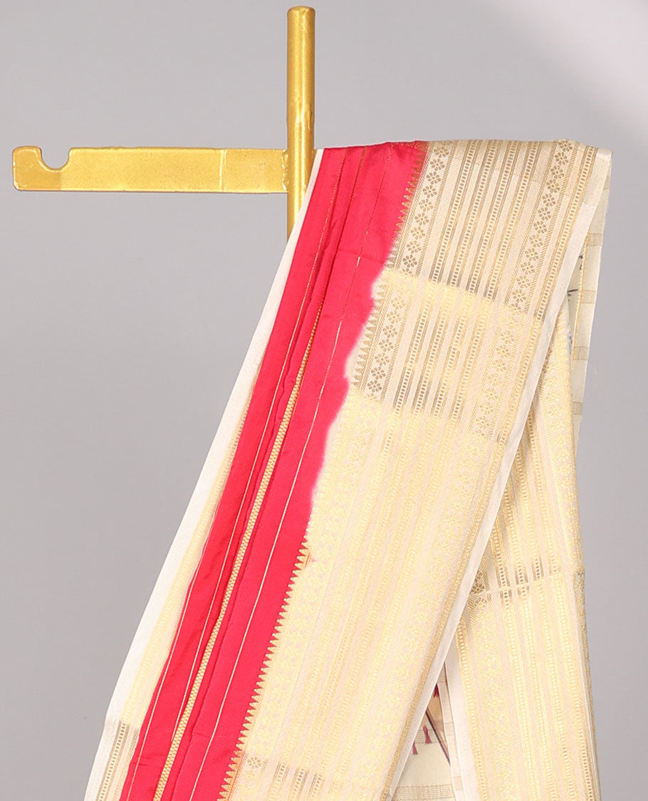 Red striped design art mysore silk saree with striped zari border & Rajasthan theme design pallu