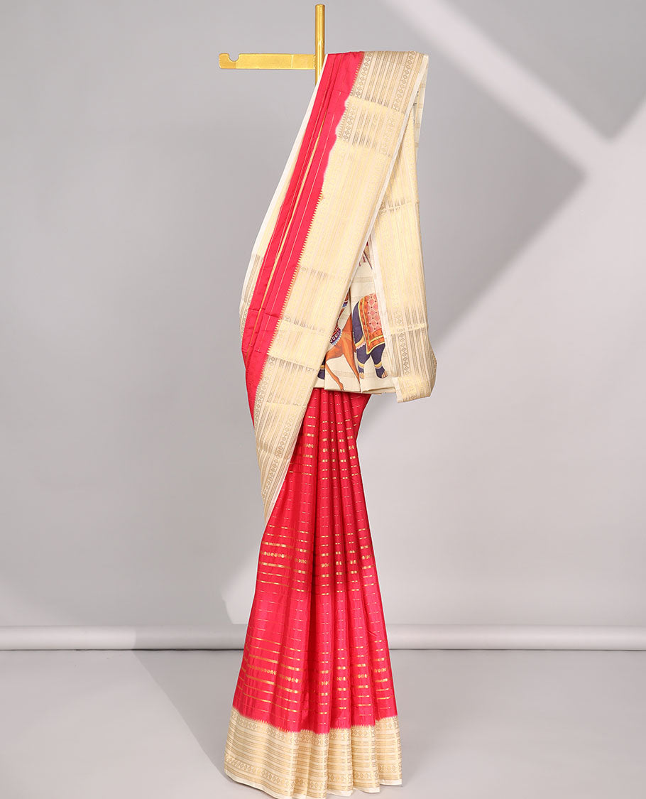 Red striped design art mysore silk saree with striped zari border & Rajasthan theme design pallu