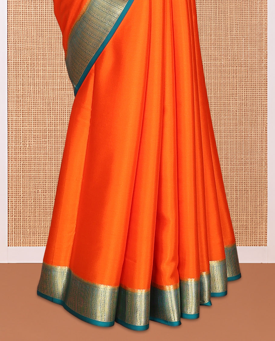 Orange Plain Mysore Silk Saree, Complemented by a Contrast Traditional Zari Border, Zari Design Pallu, and a Contrast Blouse
