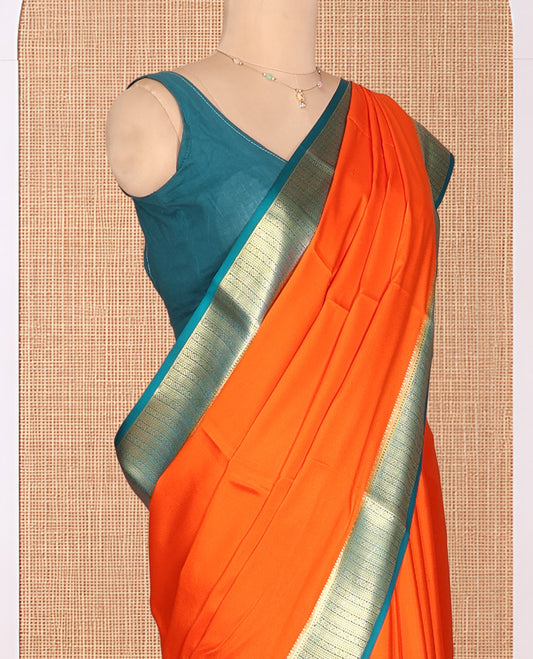 Orange Plain Mysore Silk Saree, Complemented by a Contrast Traditional Zari Border, Zari Design Pallu, and a Contrast Blouse