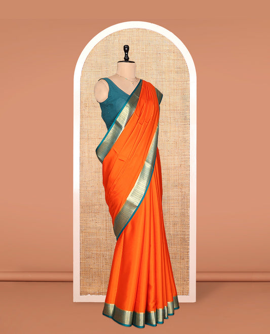 Orange Plain Mysore Silk Saree, Complemented by a Contrast Traditional Zari Border, Zari Design Pallu, and a Contrast Blouse