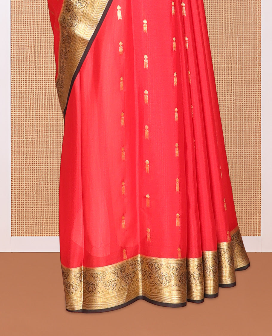 Red Zari Buttas Mysore Silk Saree, Complemented by a Contrast Traditional Zari Border, Intricately Designed Pallu, and a Contrast Blouse