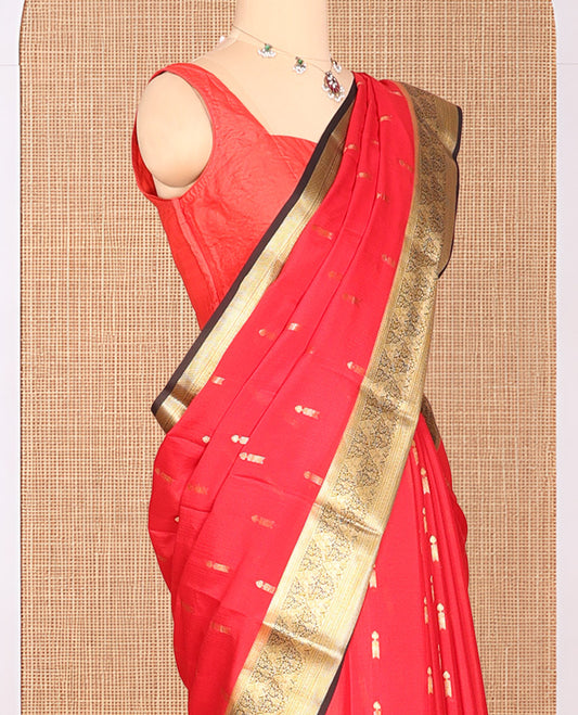 Red Zari Buttas Mysore Silk Saree, Complemented by a Contrast Traditional Zari Border, Intricately Designed Pallu, and a Contrast Blouse