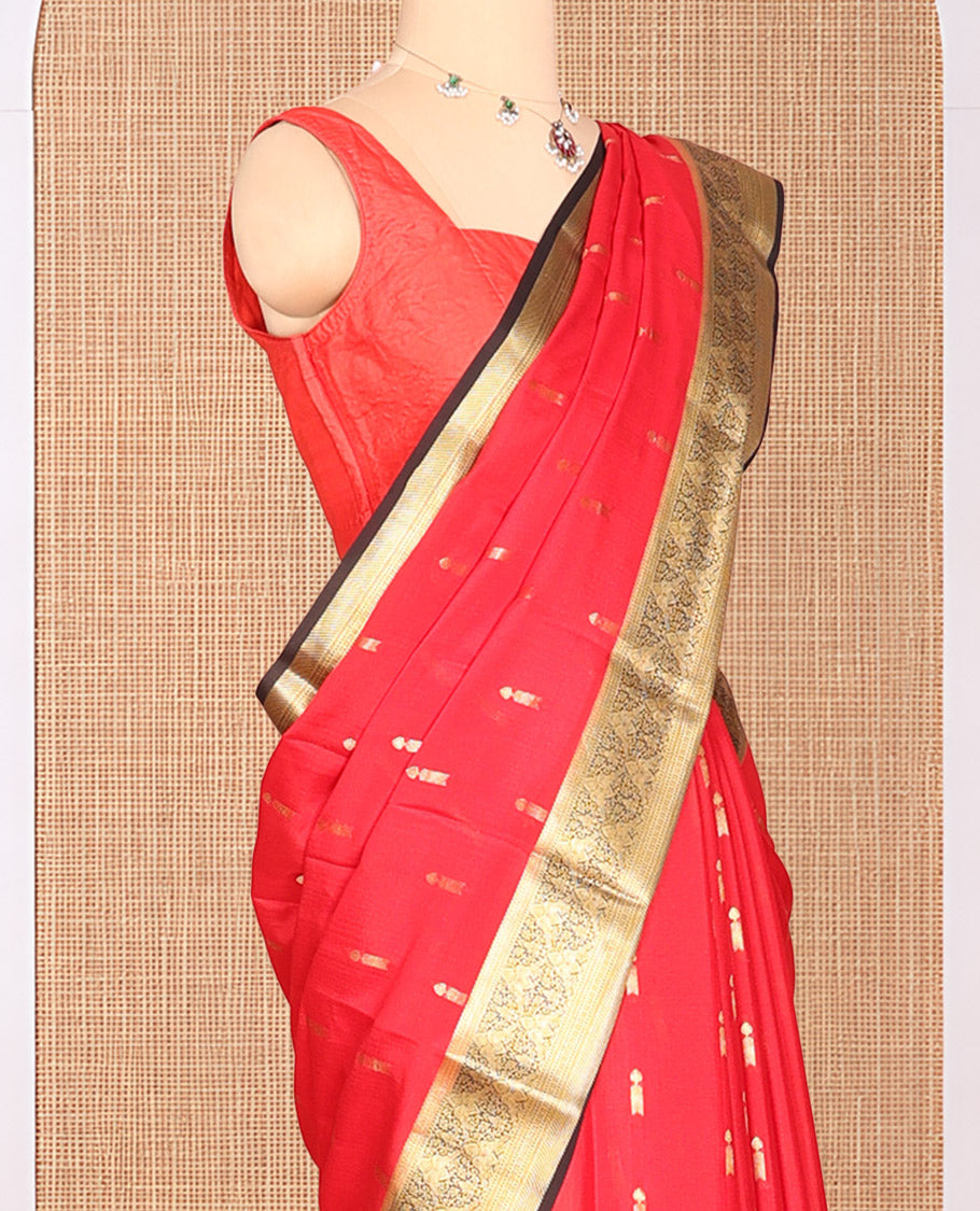 Red Zari Buttas Mysore Silk Saree, Complemented by a Contrast Traditional Zari Border, Intricately Designed Pallu, and a Contrast Blouse