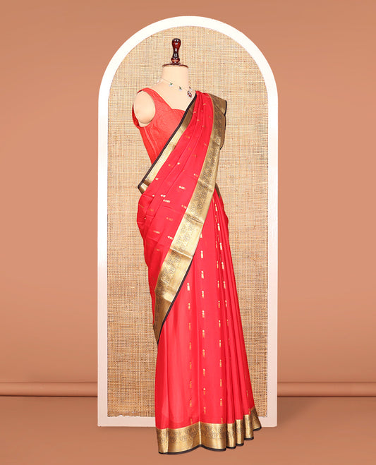 Red Zari Buttas Mysore Silk Saree, Complemented by a Contrast Traditional Zari Border, Intricately Designed Pallu, and a Contrast Blouse