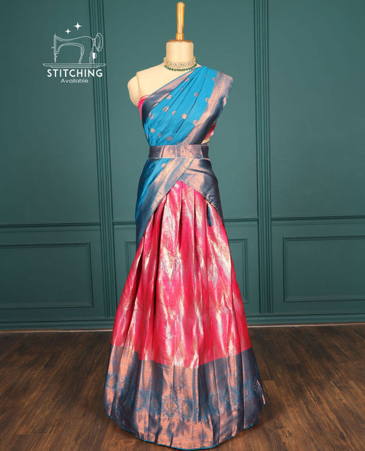 Pink chevron artsilk halfsaree,contrast traditional zari design & stonework border,blouse & intricate dhavani