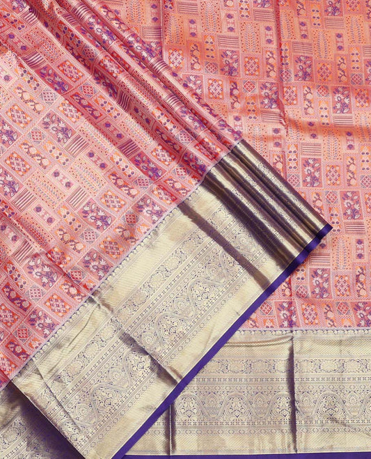Orange Art Silk Material Half-Saree Set, Elevated with Jacquard Design Skirt, Complemented by Contrast Traditional Zari Border, Paired with a Contrast Blouse and Comes with a Intricate Dhavani