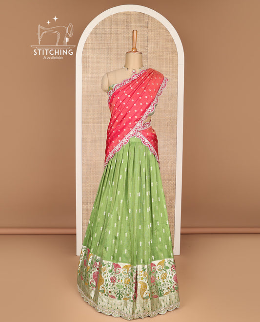 Green buttas banaras half saree with contrast intricate design border, zari design blouse & floral design dhavani