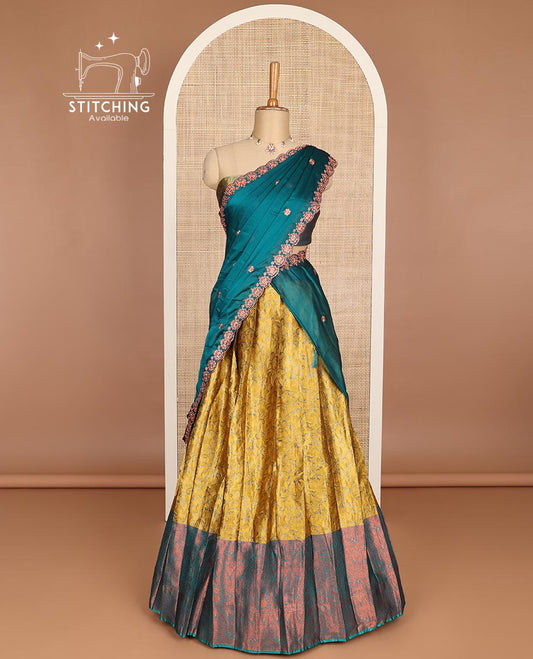 Mustard floral jaal art silk half saree with contrast intricate zari design border, zari design blouse & floral embroidery scallop border dhavani