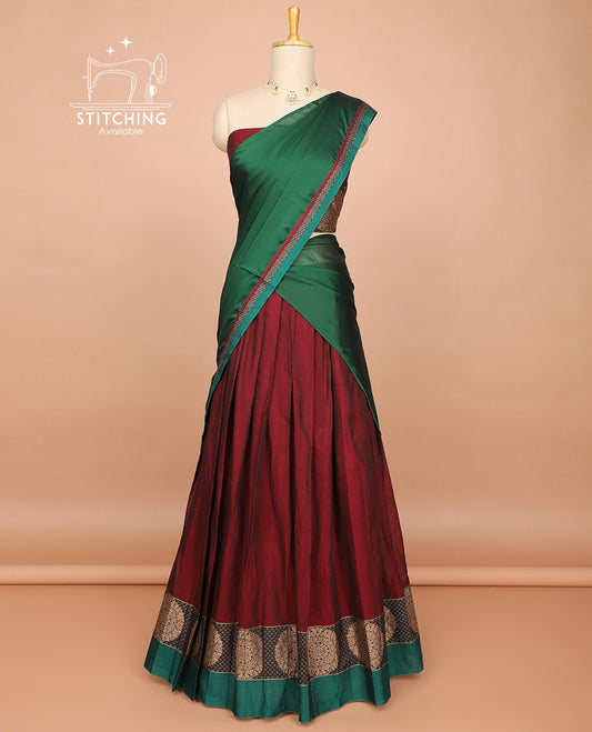 Marooncotton half saree with contrast floral design border, floral design blouse & plain, checked design border dhavani