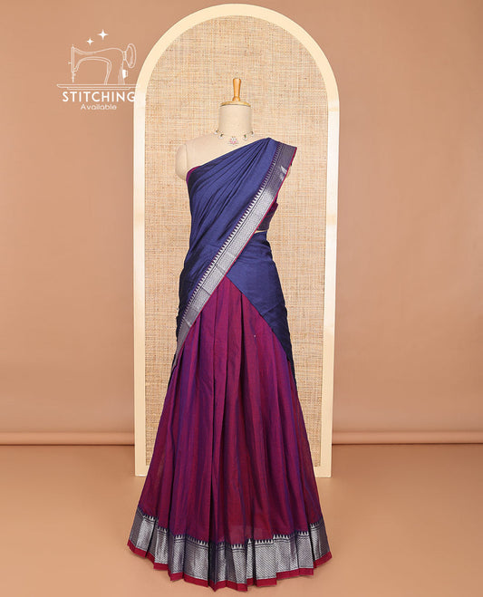 Violet half saree with self zari design border, zari design blouse & plain, temple, checked design border dhavani