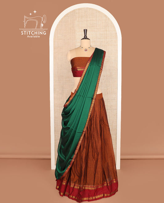 Rust cotton half-saree, checked with contrast traditional zari border skirt, matching blouse and a contrast zari piping bordered dhavani