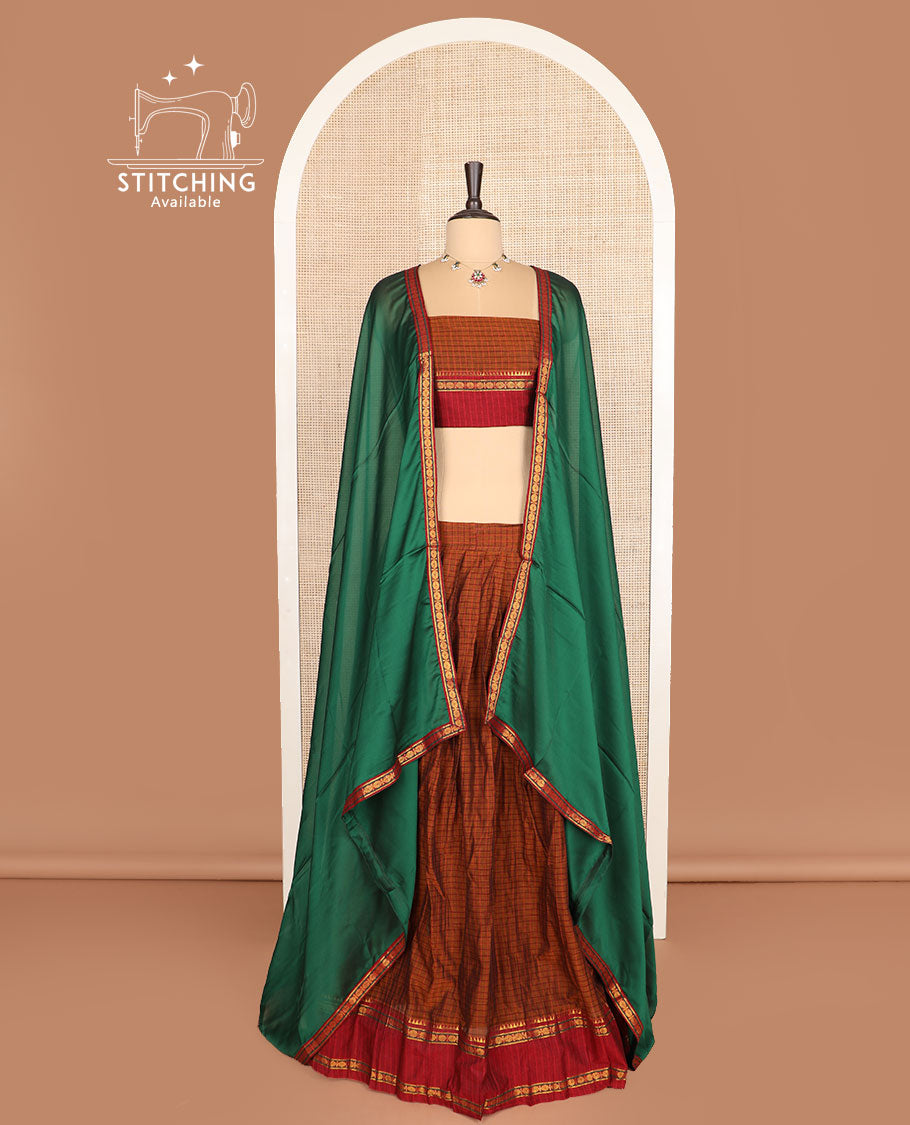 Rust cotton half-saree, checked with contrast traditional zari border skirt, matching blouse and a contrast zari piping bordered dhavani