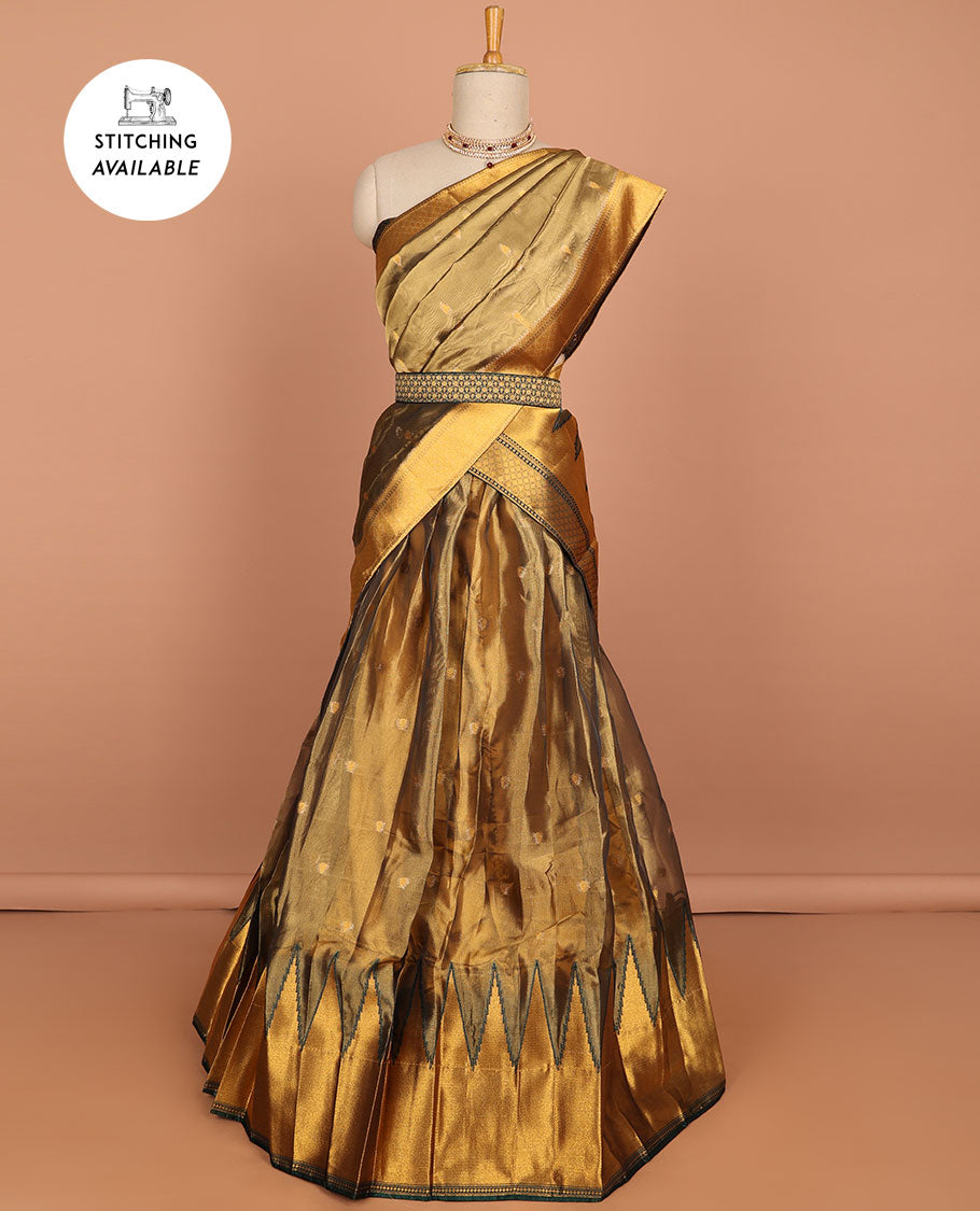 Brown buttas art silk half saree with contrast zari border, argyle pattern blouse & buttas with zari border dhavani