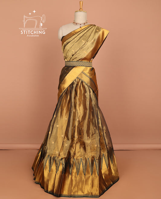 Brown buttas art silk half saree with contrast zari border, argyle pattern blouse & buttas with zari border dhavani