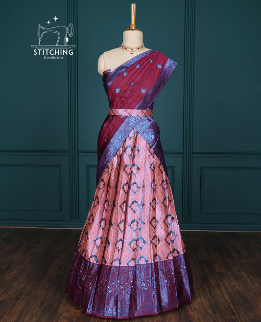 Pink jacquard artsilk half saree, contrast traditional design zari border, jacquard blouse & intricate dhavani