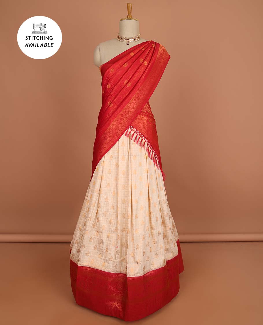 Cream checked , floral design half saree with contrast border, zari design blouse & striped , floral dhavani