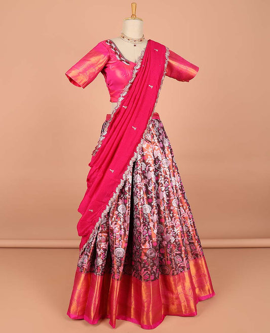 Multi-color floral jacquard semi-stitched half saree with contrast zari border,  embroidered blouse & scallop border dhavani
