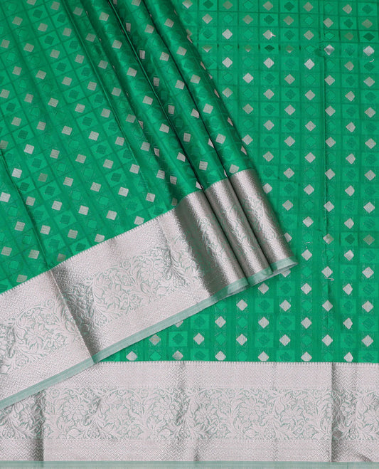 Green art silk pavadai material set, butta enclosed checked pavadai with contrast traditional zari border & blouse