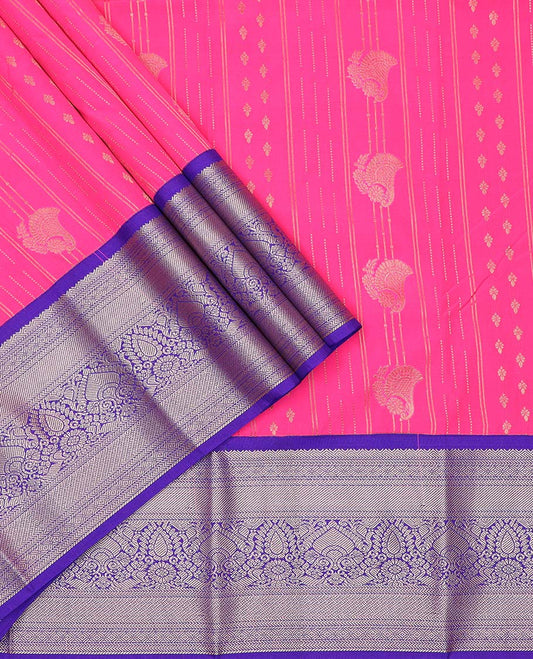 Pink art silk pavadai material, zari design with contrast traditional zari border skirt, and contrast blouse