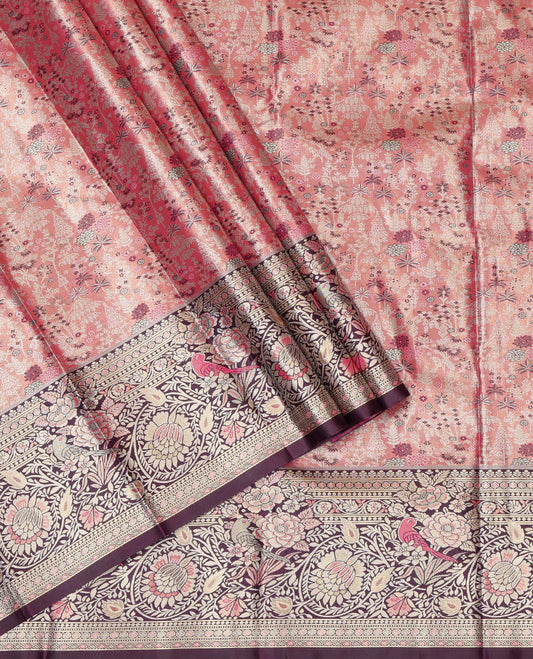 Pink Jacquard Art Silk Pavadai Material, Beautified with Contrast Traditional Border, Contrast Blouse
