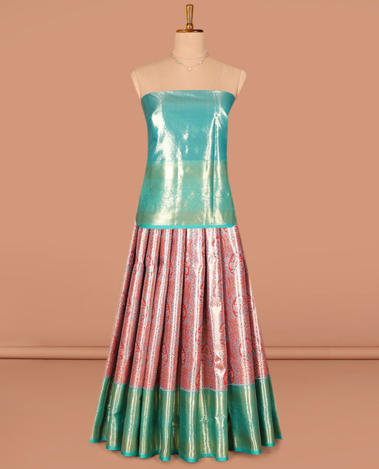 Red Art Silk Pavadai Material Set, Gracefully Embellished with Jacquard Designs on Its Skirt, Complemented by a Contrast Traditional Zari Designs Woven Border, and Paired with a Contrast Jacquard Blouse
