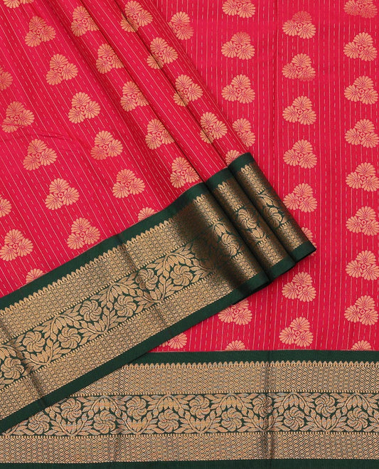 Red Art Silk Pavadai Material Set, Majestically Detailed with Dotted Stripes and Floral Buttas on Its Skirt, Complemented by a Contrast Traditional Zari Design Border, and Paired with a Contrast Blouse