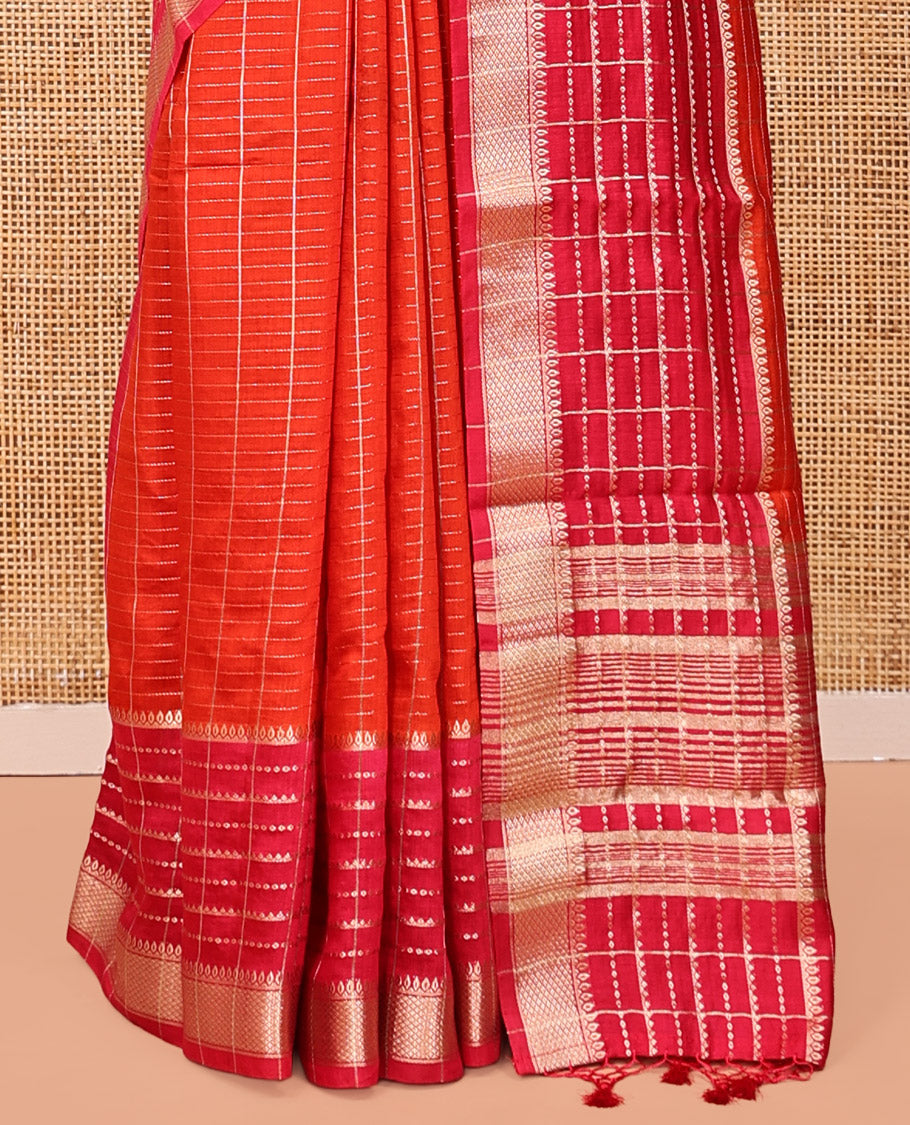 Orange Assam Silk Saree, Masterfully Woven with Zari Checks, Highlighted by a Traditional Zari Border, Striped Pallu, and a Matching Blouse