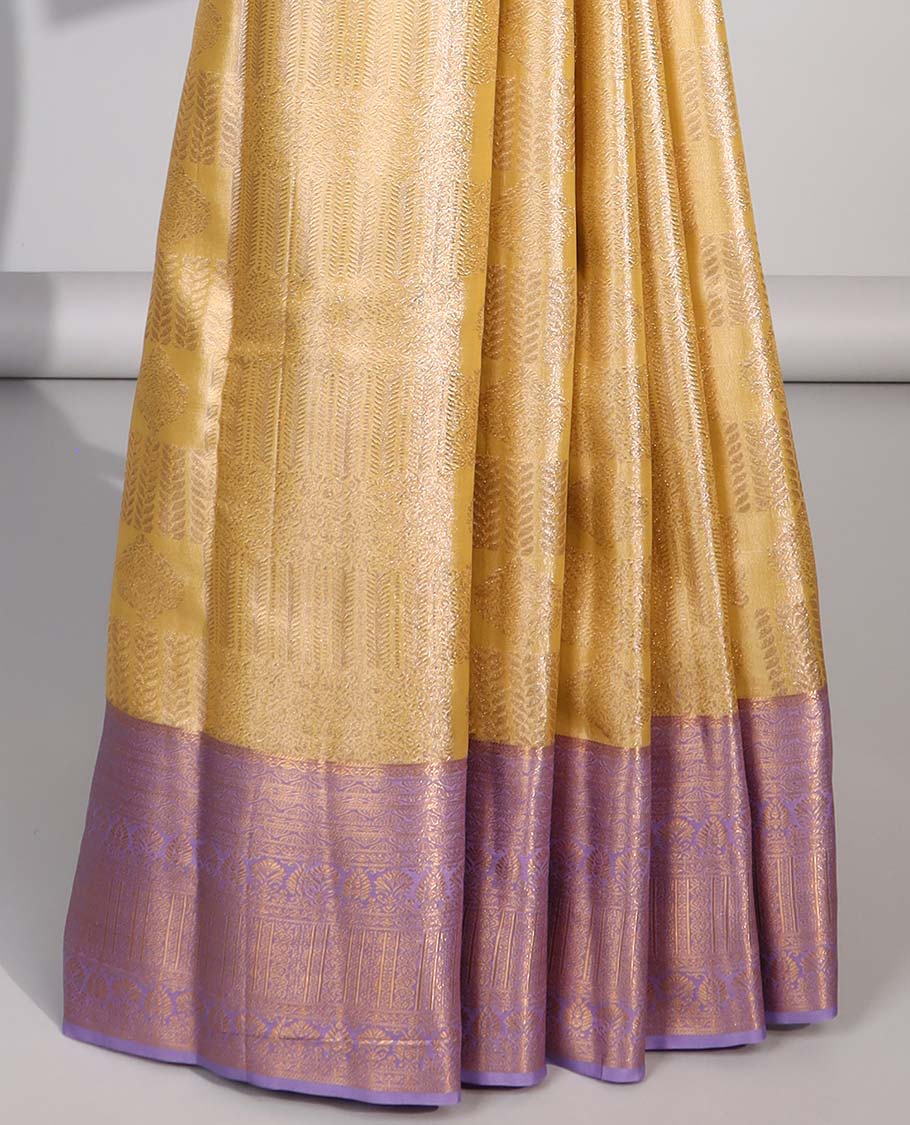 Mustard floral jacquard budget silk saree with contrast floral zari border & pallu of floral zari design