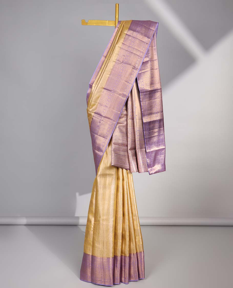 Mustard floral jacquard budget silk saree with contrast floral zari border & pallu of floral zari design