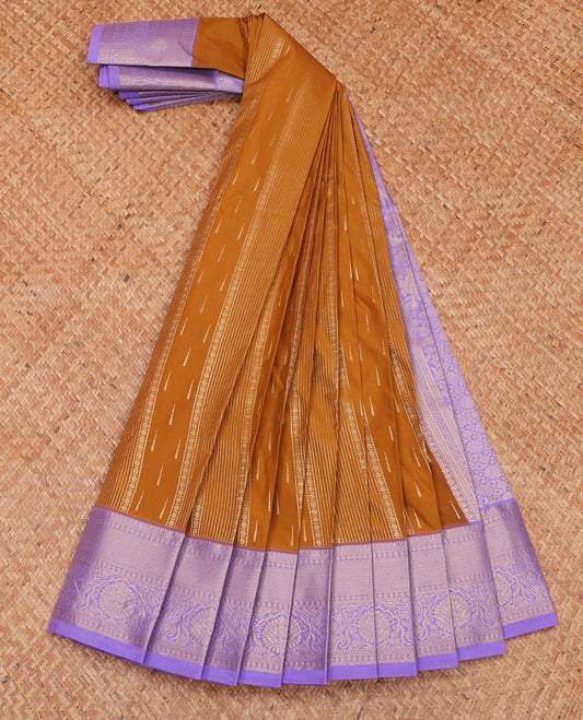 Mustard geometric patterned budget silk saree, contrast traditional zari border, and pallu of intricate designs