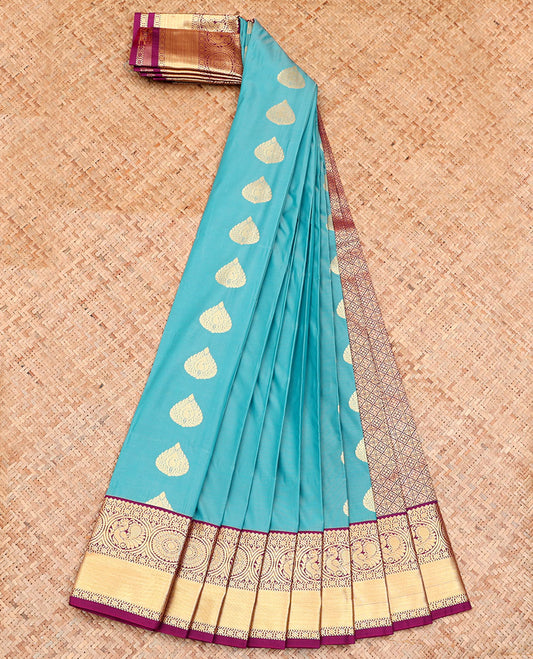 Blue Budget Silk Saree, Woven with Zari Buttas on Its Body, Complemented by a Contrast Traditional Zari Design Border, Grand Jaal Pallu, and Paired with a Contrast Blouse