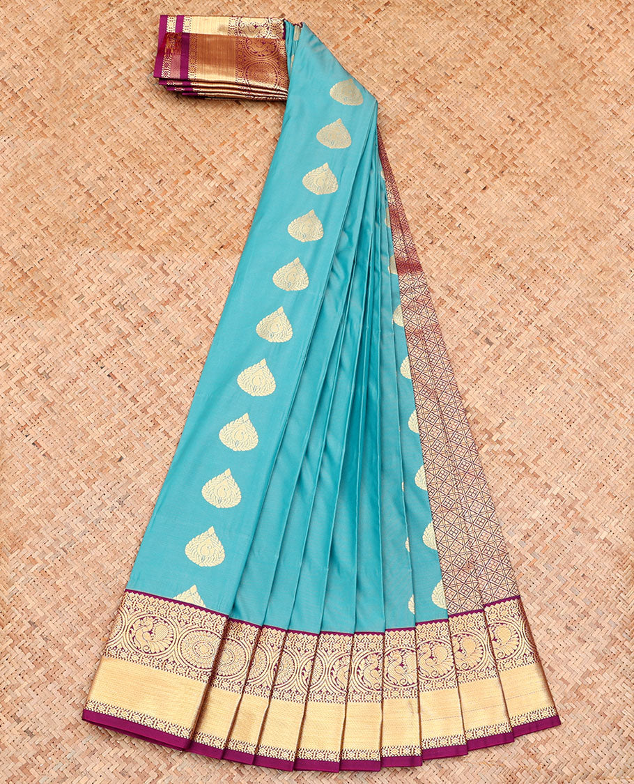 Blue Budget Silk Saree, Woven with Zari Buttas on Its Body, Complemented by a Contrast Traditional Zari Design Border, Grand Jaal Pallu, and Paired with a Contrast Blouse