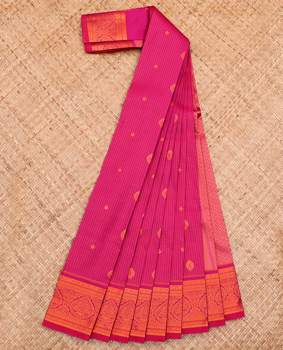 Pink Budget Silk Saree, Adorned with Zari Butta and Checks All Over Its Body, Highlighted by an Intricate Design Border, Jaal Pallu, and Paired with a Matching Blouse