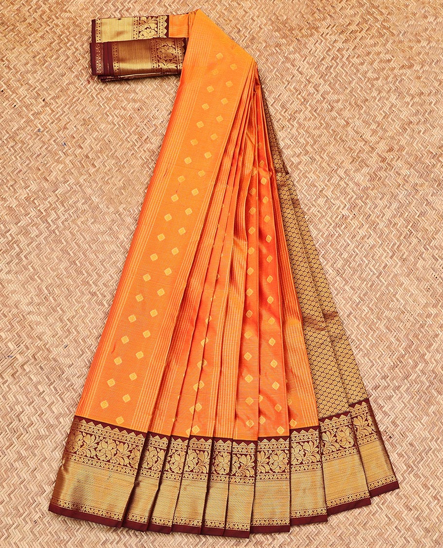 Orange Budget Silk Saree, Adorned with Zari Buttas on Its Body, Complemented by a Contrast Traditional Zari Design Border, Grand Pallu, and Paired with a Contrast Blouse