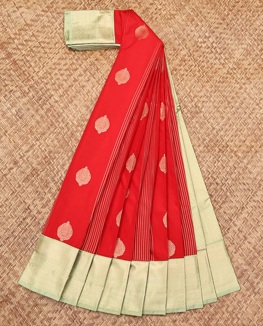 Orange Budget Silk Saree, Finely Crafted with Zari Buttas and Stripes, Complemented by a Contrast Traditional Zari Border, Grand Pallu, and a Contrast Blouse