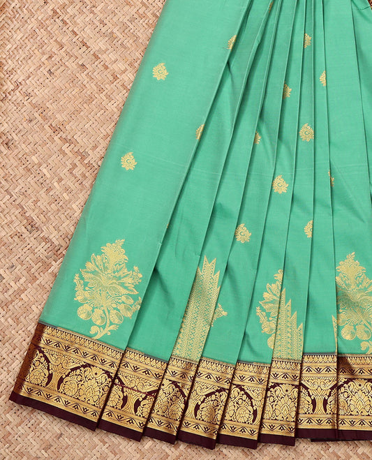 Green Budget Silk Saree, Mesmerized with Zari Buttas, a Contrast Traditional Zari Border, Grand Pallu, and a Contrast Blouse