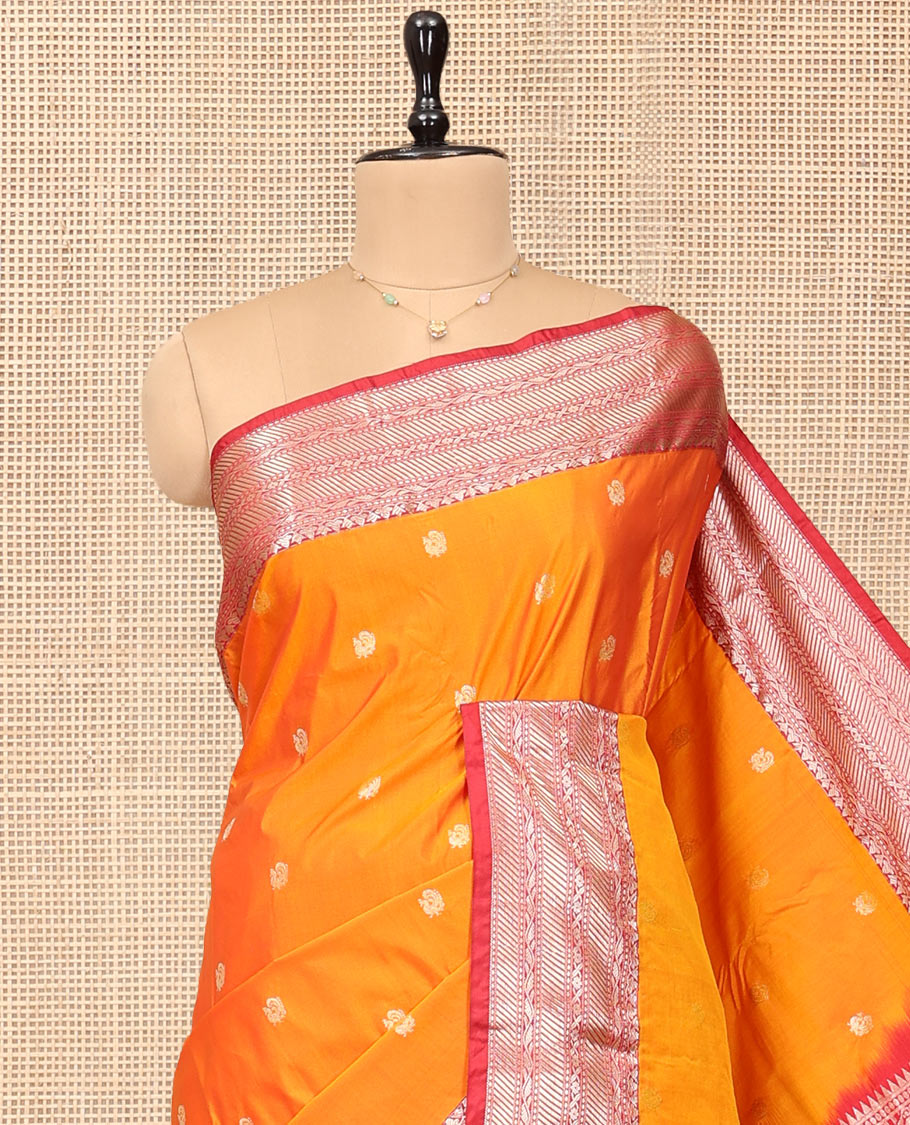Orange Budget Silk Saree, Accentuated with Peacock Buttas, Complemented by a Contrast Traditional Zari Border, Jaal Pallu, and Contrast Blouse