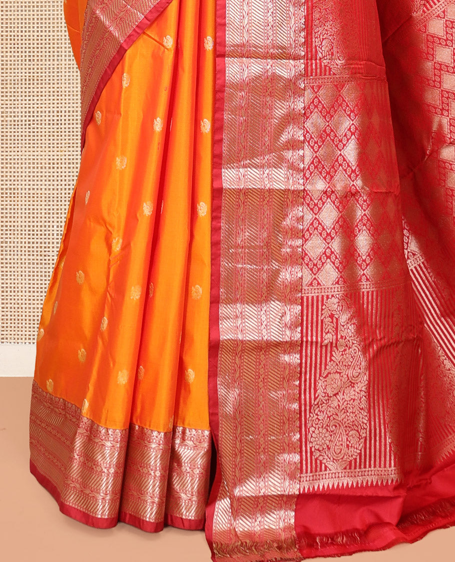 Orange Budget Silk Saree, Accentuated with Peacock Buttas, Complemented by a Contrast Traditional Zari Border, Jaal Pallu, and Contrast Blouse