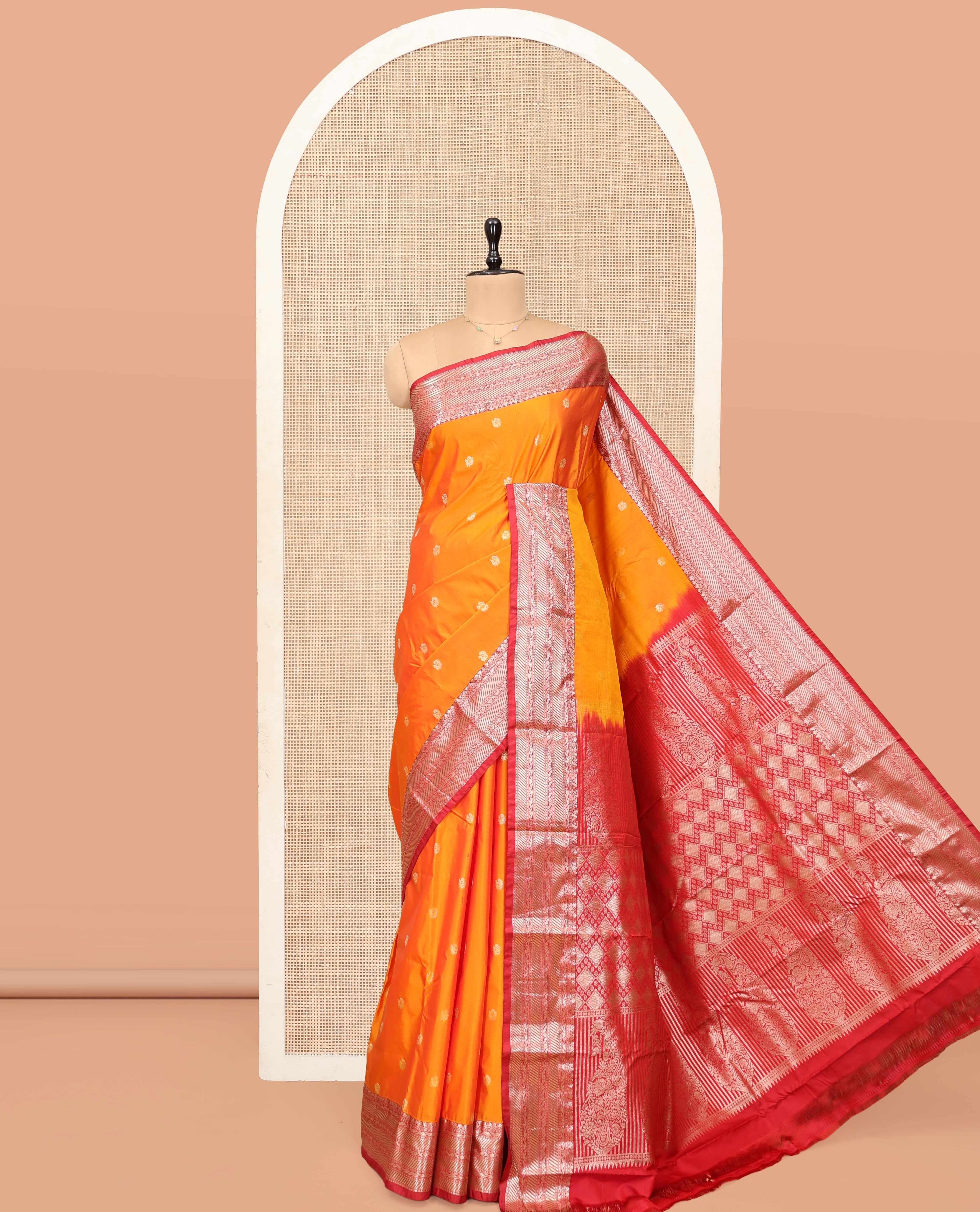 Orange Budget Silk Saree, Accentuated with Peacock Buttas, Complemented by a Contrast Traditional Zari Border, Jaal Pallu, and Contrast Blouse