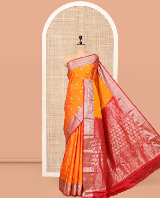 Orange Budget Silk Saree, Accentuated with Peacock Buttas, Complemented by a Contrast Traditional Zari Border, Jaal Pallu, and Contrast Blouse