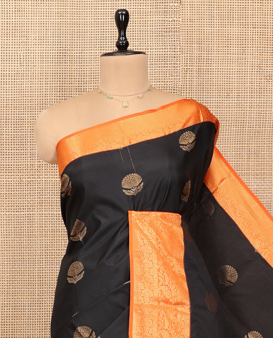 Black Budget Silk Saree, Embellished with Zari Buttas, Complemented by a Contrast Traditional Zari Border, Grand Pallu, and Contrast Blouse