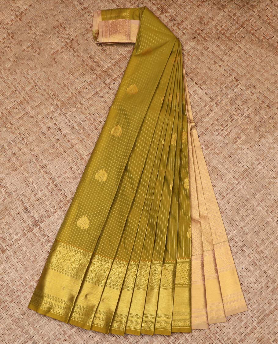 Green Budget Silk Saree Depicting Zari Buttas and Stripes, Subtle Self-Border of Traditional Zari Designs, Featuring a Contrast Pallu of Jaal Design, and Paired with a Contrast Blouse