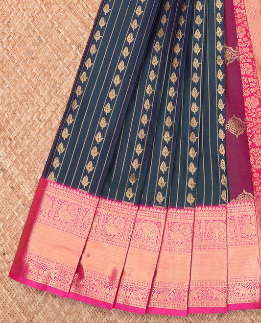 Green Budget Silk Saree, Finely Detailed with Zari Buttas and Stripes All Over Its Body, Complemented by Contrast Traditional Zari Designs Woven Border, Grand Pallu and Paired with a Contrast Blouse